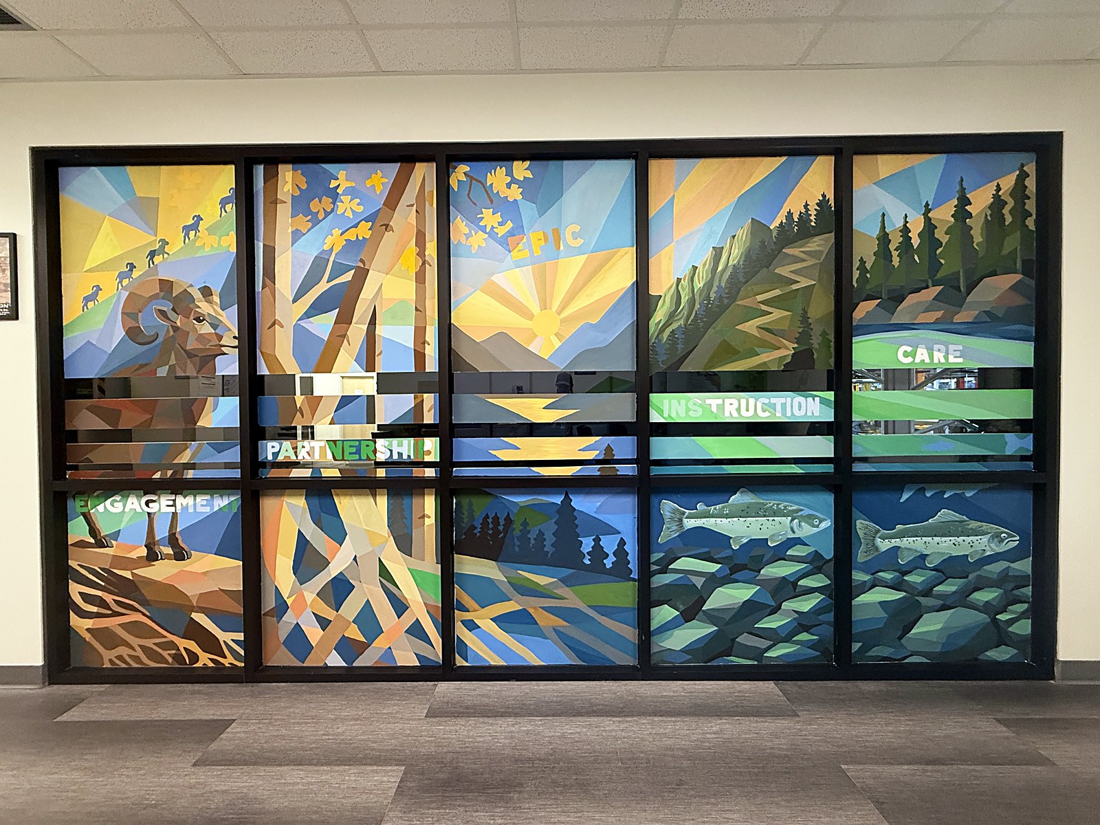 The EPIC glass wall mural at the Amazon DEN9 wellness center in Loveland
