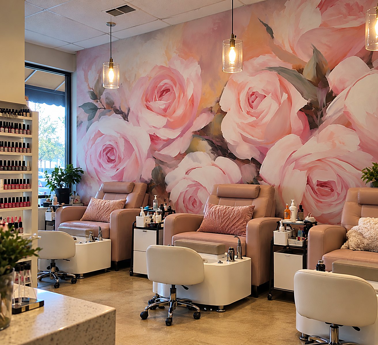 Oversized pale pink roses painted across the full wall of a salon above the treatment chairs