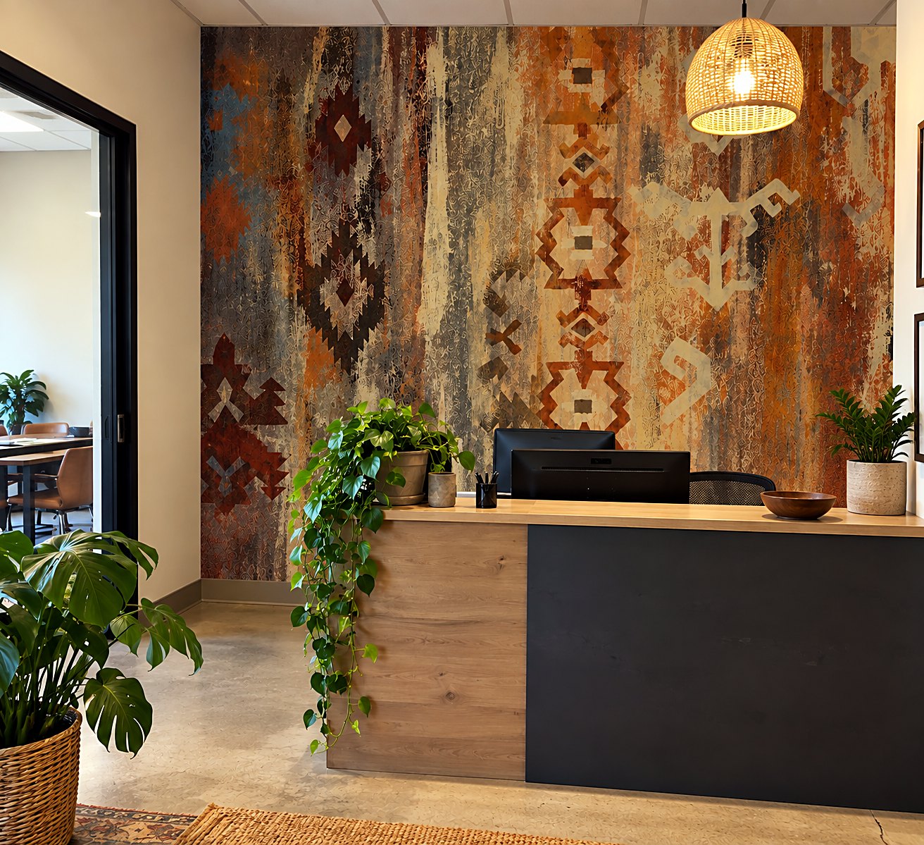 A woven textile pattern painted floor to ceiling behind a reception desk, in rust, ochre and slate