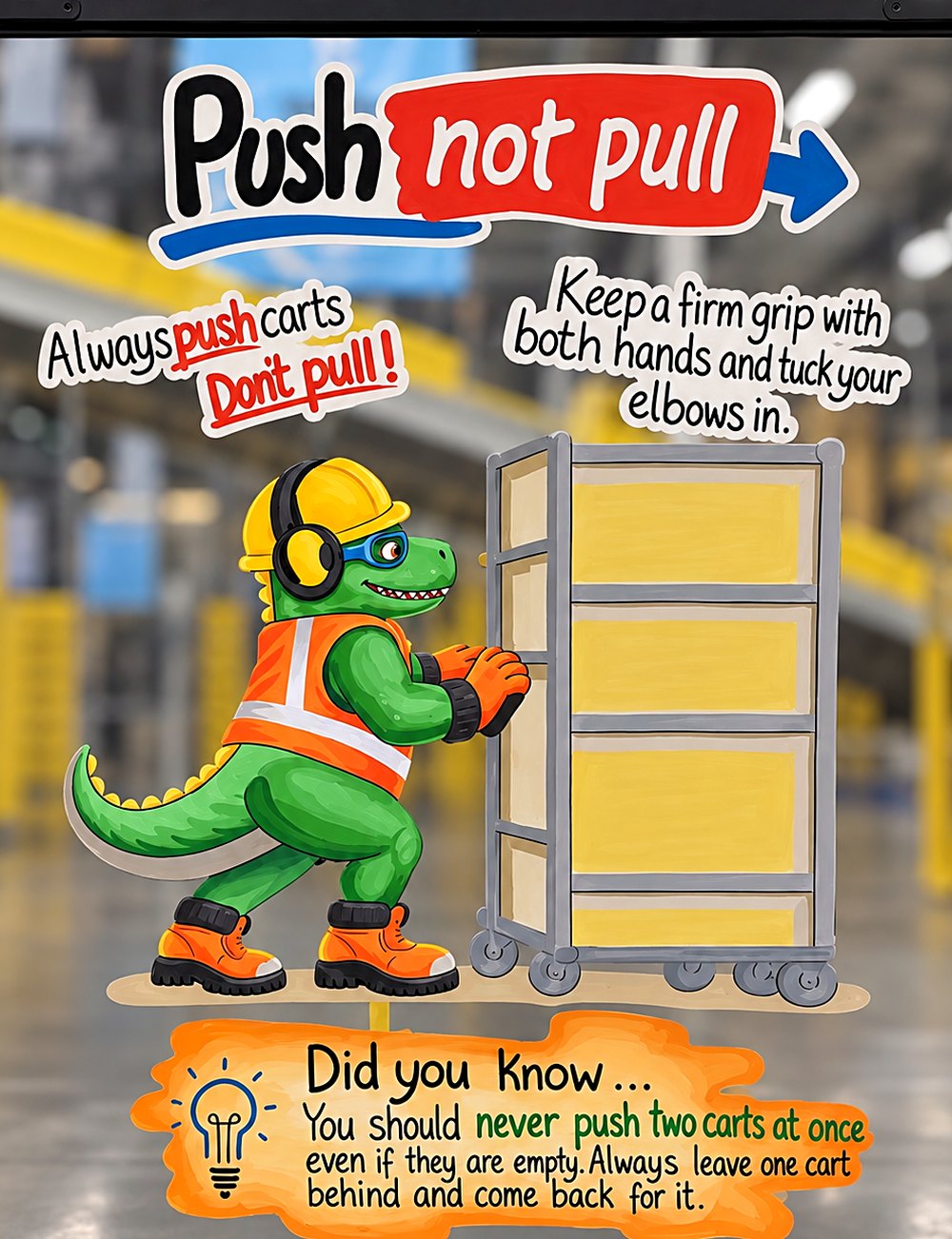 Hand-painted safety panel at Amazon DEN3 showing the site's T-Rex mascot demonstrating: push, not pull