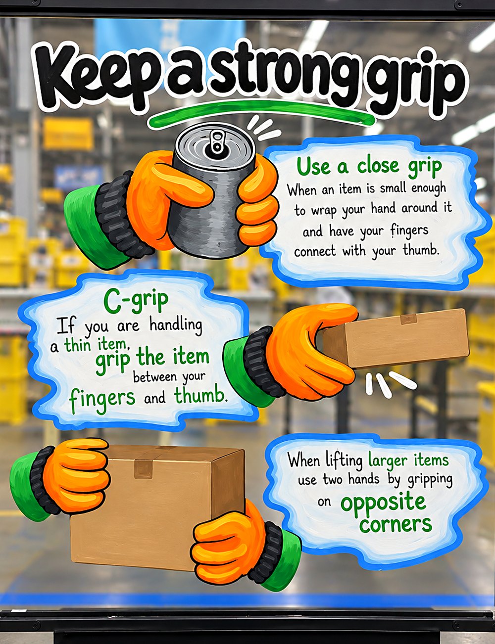 Hand-painted safety panel at Amazon DEN3 showing the site's T-Rex mascot demonstrating: keep a strong grip
