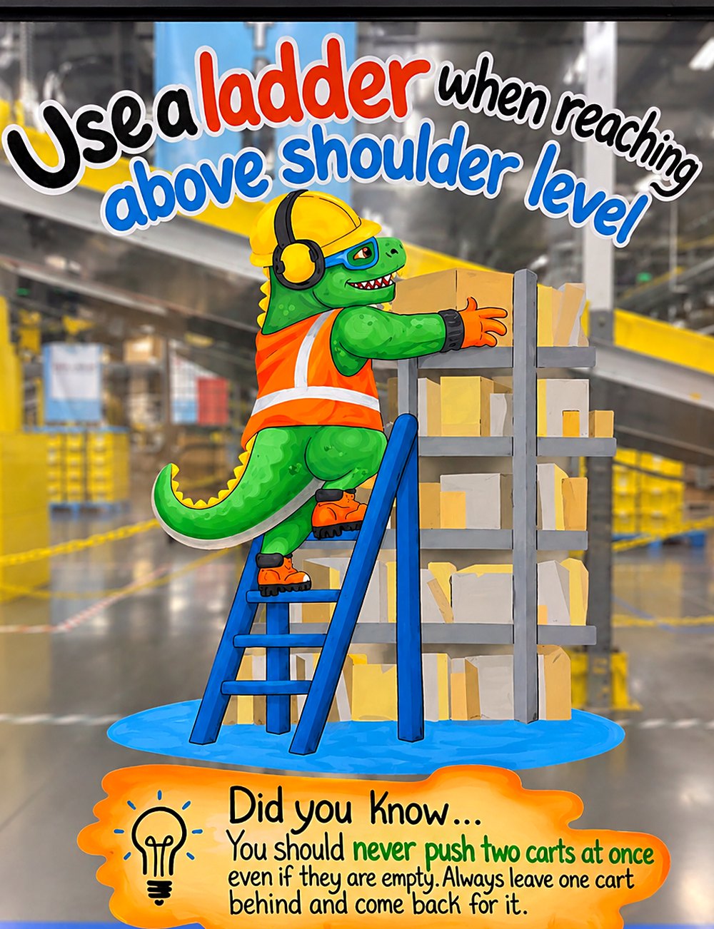 Hand-painted safety panel at Amazon DEN3 showing the site's T-Rex mascot demonstrating: use a ladder when reaching above shoulder level