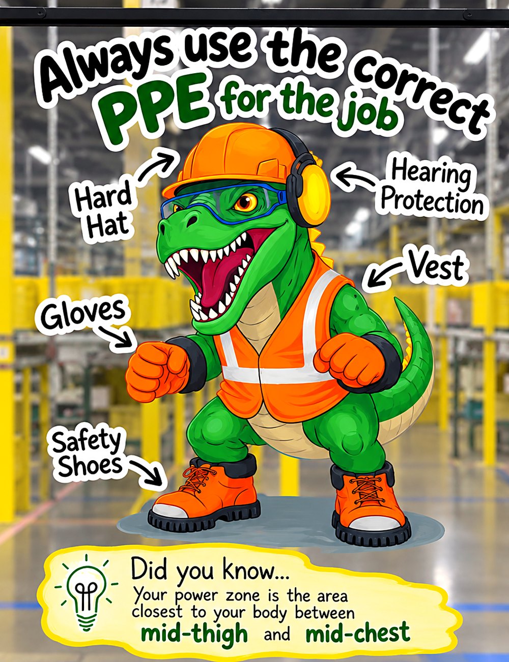 Hand-painted safety panel at Amazon DEN3 showing the site's T-Rex mascot demonstrating: always use the correct ppe for the job