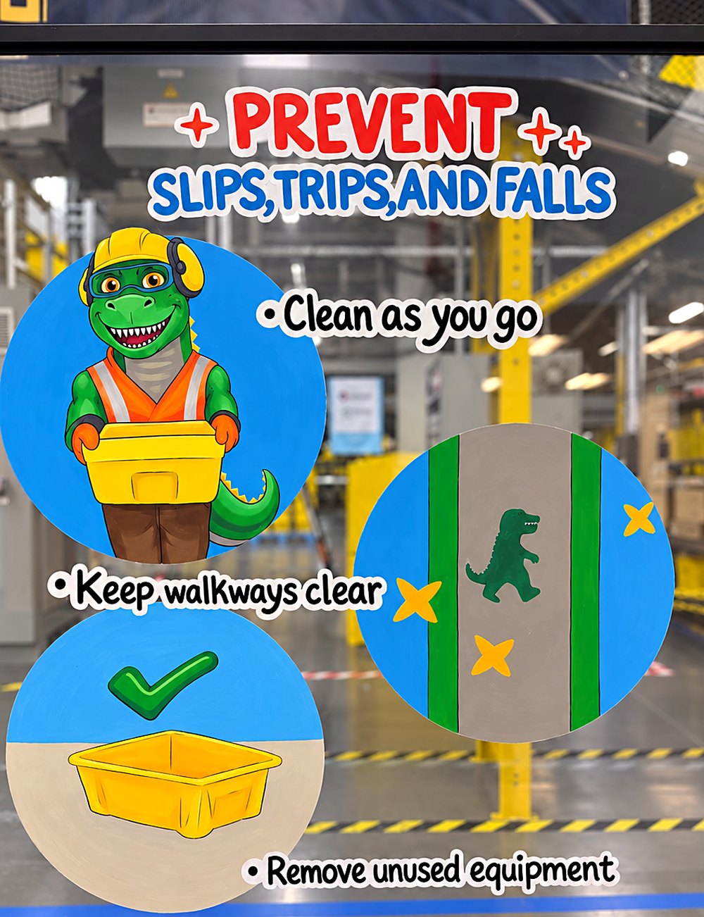 Hand-painted safety panel at Amazon DEN3 showing the site's T-Rex mascot demonstrating: prevent slips, trips and falls