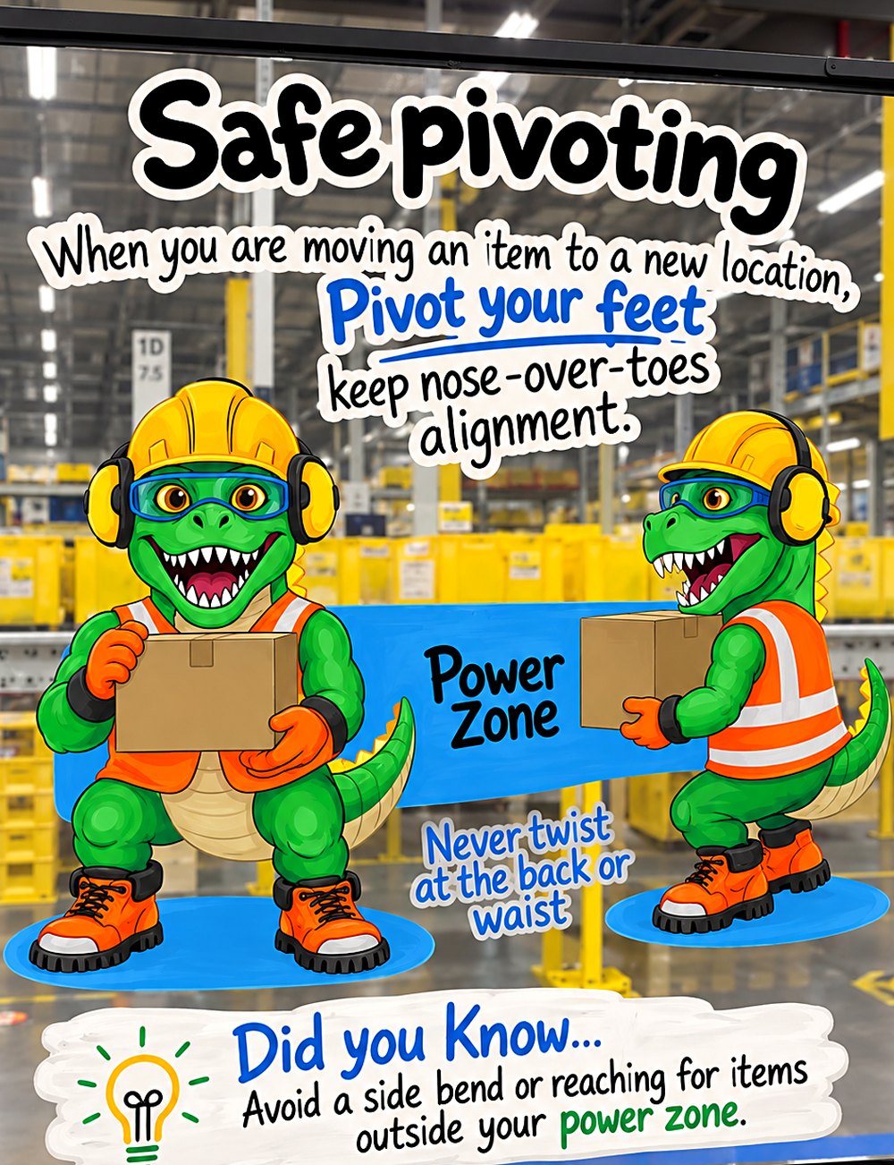 Hand-painted safety panel at Amazon DEN3 showing the site's T-Rex mascot demonstrating: safe pivoting: keep nose over toes