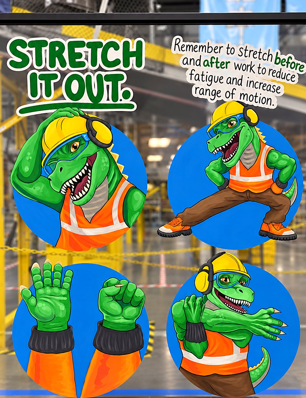 Hand-painted safety panel at Amazon DEN3 showing the site's T-Rex mascot demonstrating: stretch it out