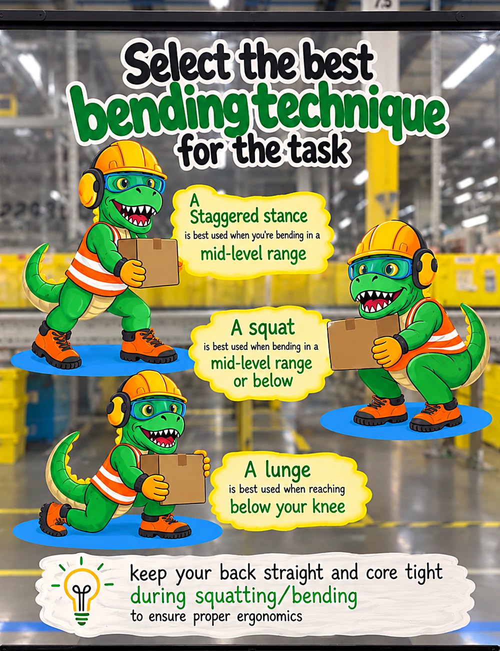 Hand-painted safety panel at Amazon DEN3 showing the site's T-Rex mascot demonstrating: select the best bending technique