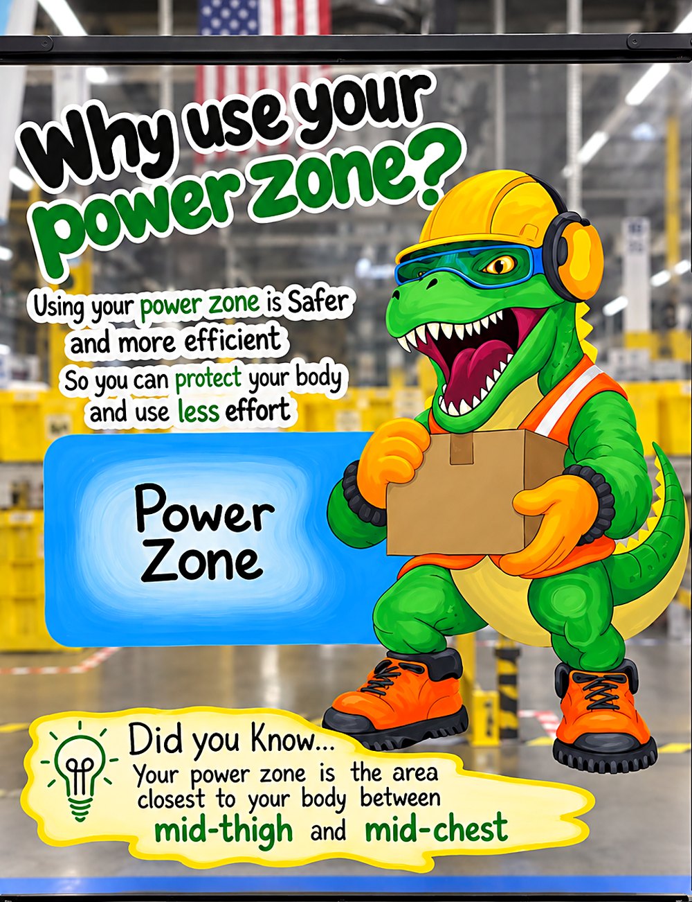 Hand-painted safety panel at Amazon DEN3 showing the site's T-Rex mascot demonstrating: why use your power zone