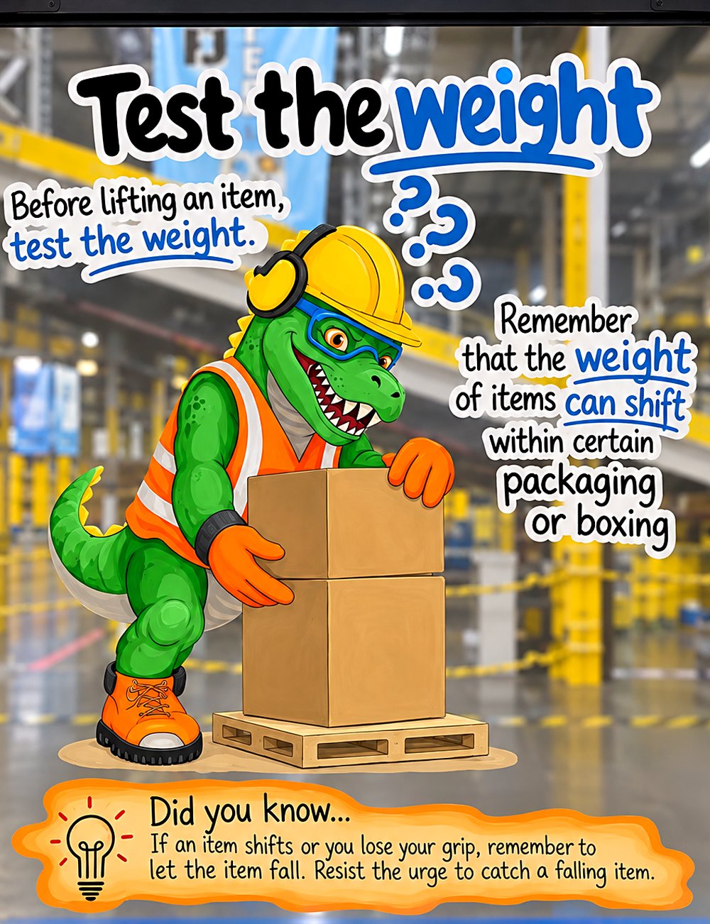 Hand-painted safety panel at Amazon DEN3 showing the site's T-Rex mascot demonstrating: test the weight before you lift