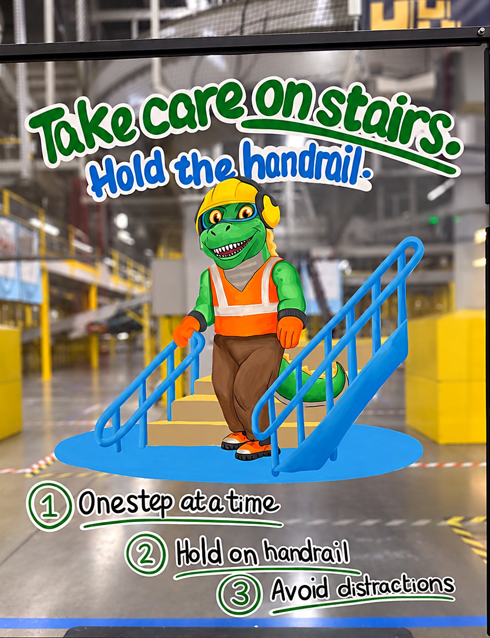 Hand-painted safety panel at Amazon DEN3 showing the site's T-Rex mascot demonstrating: take care on stairs: hold the handrail